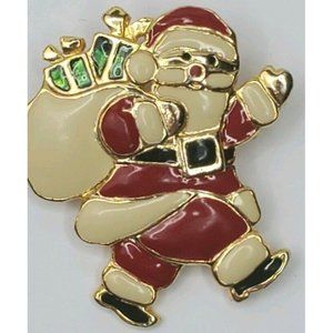 Vintage Heavy Enamel Santa Claus with Bag of Presents Brooch